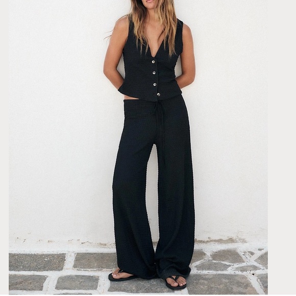 Zara Black Textured Straight Leg Pants S Drawstring Elastic waistbands - Picture 2 of 7